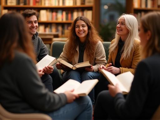 Diverse group of people participating in a reading group at the bookstore