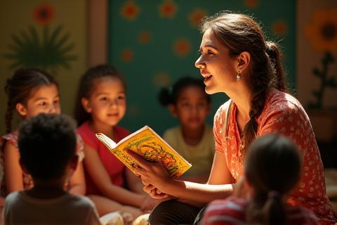 Storyteller reading Brazilian folk tales to children