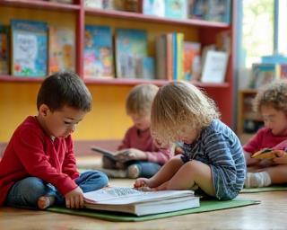 Children enjoying books in a colorful reading area